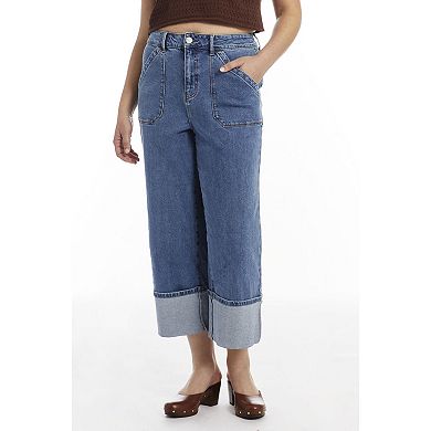 June & Vie Women's Plus Size Wide-Leg Cropped Cuffed Jeans