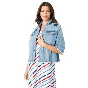 Roaman's Women's Plus Size Embellished Short-Sleeve Stretch Denim Jacket