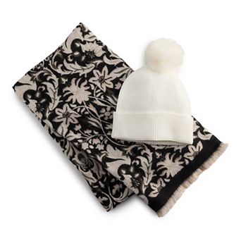 Women's Nine West Floral Jacquard Wrap Scarf & Pom Beanie Set
