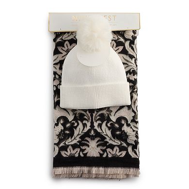 Women's Nine West Floral Jacquard Wrap Scarf & Pom Beanie Set