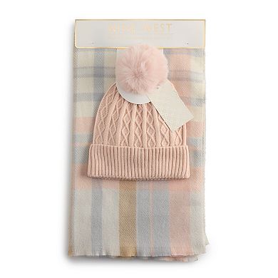 Women's Nine West Classic Plaid Soft Scarf & Beanie Set