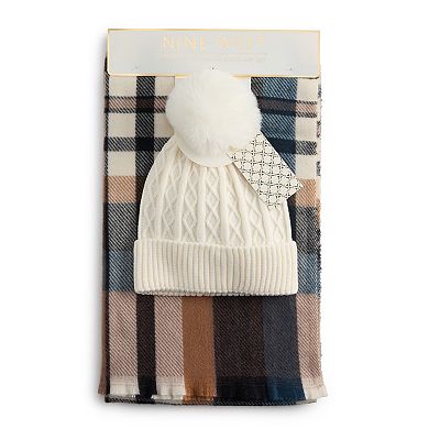 Women's Nine West Classic Plaid Soft Scarf & Beanie Set