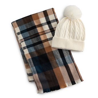 Women's Nine West Classic Plaid Soft Scarf & Beanie Set
