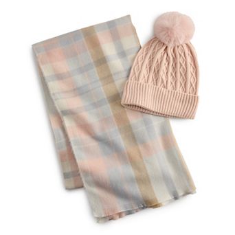 Women's Nine West Classic Plaid Soft Scarf & Beanie Set