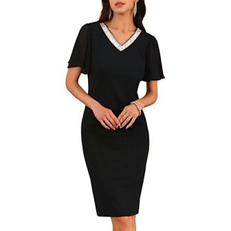 Women's Flare Sleeve Dress V Neck Formal Cocktail Knee Dress