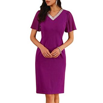 Women's Flare Sleeve Dress V Neck Formal Cocktail Knee Dress