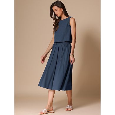 Women's Summer Skirt Set 2 Piece Outfits Casual Cotton Sleeveless Tank Top Midi Skirt