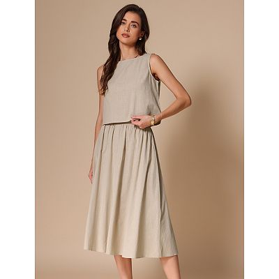 Women's Summer Skirt Set 2 Piece Outfits Casual Cotton Sleeveless Tank Top  Midi Skirt