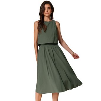 Women's Summer Skirt Set 2 pc Outfits Casual Cotton Sleeveless Tank Top Midi Skirt