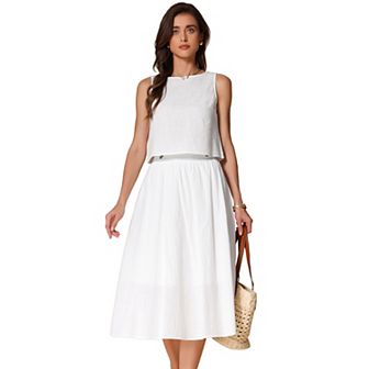 Women's Summer Skirt Set 2 pc Outfits Casual Cotton Sleeveless Tank Top Midi Skirt