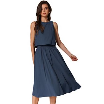 Women's Summer Skirt Set 2 pc Outfits Casual Cotton Sleeveless Tank Top Midi Skirt