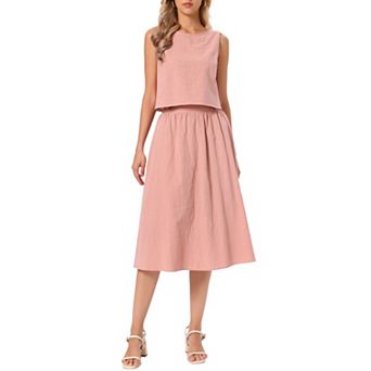 Women's Summer Skirt Set 2 pc Outfits Casual Cotton Sleeveless Tank Top Midi Skirt