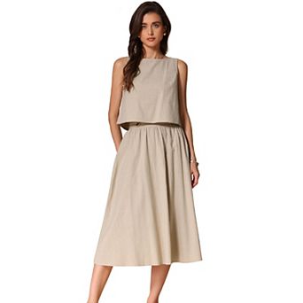 Women's Summer Skirt Set 2 pc Outfits Casual Cotton Sleeveless Tank Top Midi Skirt