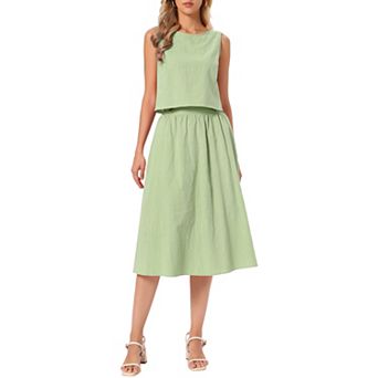 Women's Summer Skirt Set 2 pc Outfits Casual Cotton Sleeveless Tank Top Midi Skirt