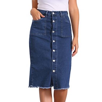 Women's Casual Button Down Denim Skirt High Waist Frayed Raw Hem Jean Midi Skirt