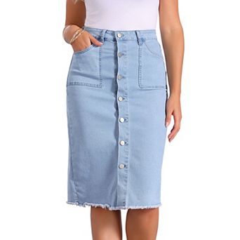 Women's Casual Button Down Denim Skirt High Waist Frayed Raw Hem Jean Midi Skirt