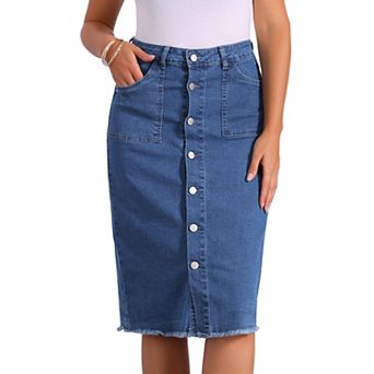 Women's Casual Button Down Denim Skirt High Waist Frayed Raw Hem Jean Midi Skirt