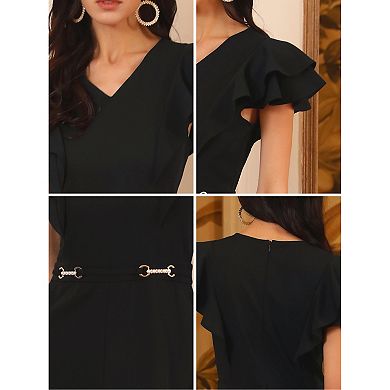 Women's Formal Jumpsuits Ruffled Sleeve High Waist V Neck Dressy Long Wide Legs Pants