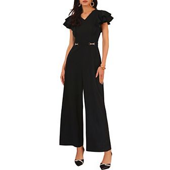 Women's Formal Jumpsuits Ruffled Sleeve High Waist V Neck Dressy Long Wide Legs Pants