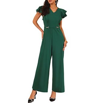 Women's Formal Jumpsuits Ruffled Sleeve High Waist V Neck Dressy Long Wide Legs Pants