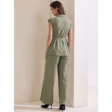 Women's Summer 2 Piece Outfits Cap Sleeve Work Casual Wide Leg Pant Sets