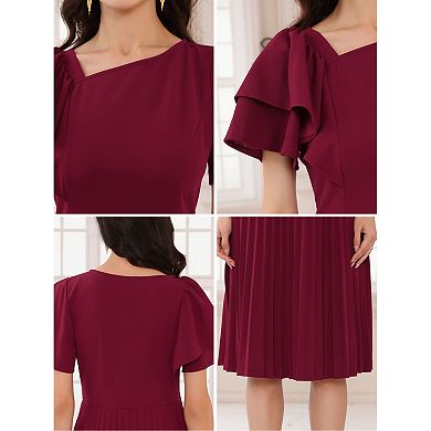 Women's Dressy Casual Dress Ruffled Asymmetric Neck A-Line Midi Pleated Dresses
