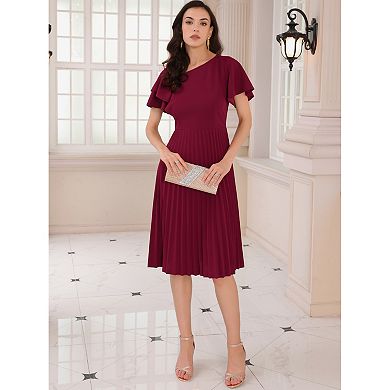 Women's Dressy Casual Dress Ruffled Asymmetric Neck A-Line Midi Pleated Dresses