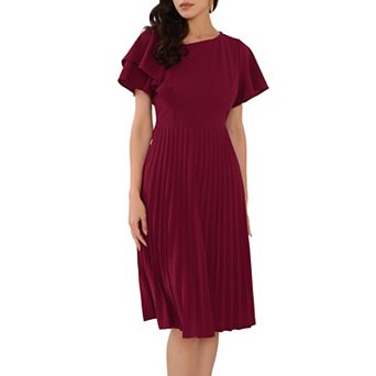 Women's Dressy Casual Dress Ruffled Asymmetric Neck A-Line Midi Pleated Dresses