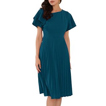 Women's Dressy Casual Dress Ruffled Asymmetric Neck A-Line Midi Pleated Dresses