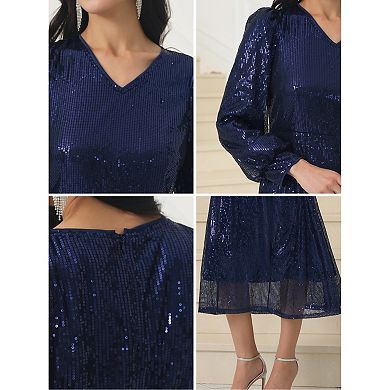 Women's Sequin Sparkly Dresses Long Sleeve V Neck Cocktail Party Midi Dress