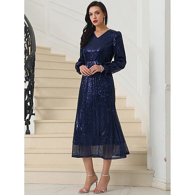 Women's Sequin Sparkly Dresses Long Sleeve V Neck Cocktail Party Midi Dress