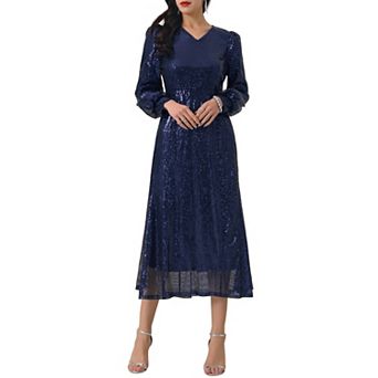 Women's Sequin Sparkly Dresses Long Sleeve V Neck Cocktail Party Midi Dress