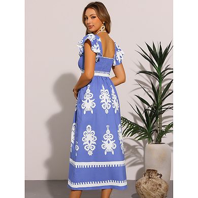 Women's Square Neck Flutter Sleeve Smocked Dress Flowy Maxi Boho Sundress