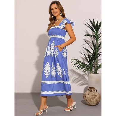 Women's Square Neck Flutter Sleeve Smocked Dress Flowy Maxi Boho Sundress
