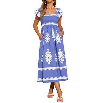 Women's Square Neck Flutter Sleeve Smocked Dress Flowy Maxi Boho Sundress