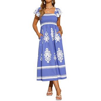 Women's Square Neck Flutter Sleeve Smocked Dress Flowy Maxi Boho Sundress