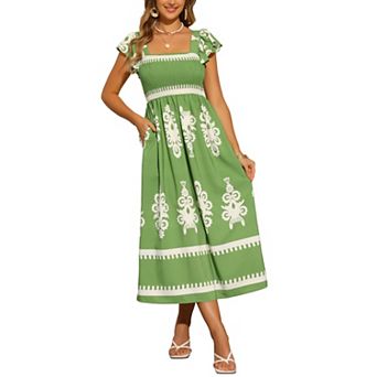 Women's Square Neck Flutter Sleeve Smocked Dress Flowy Maxi Boho Sundress