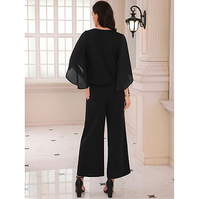 Women's 2 Pieces Sets Elegant Chiffon Sleeve Top Wide Legs Pants Mother of Bride Suits