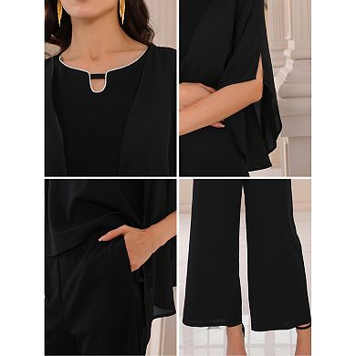 Women's 2 Pieces Sets Elegant Chiffon Sleeve Top Wide Legs Pants Mother of Bride Suits