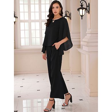 Women's 2 Pieces Sets Elegant Chiffon Sleeve Top Wide Legs Pants Mother of Bride Suits