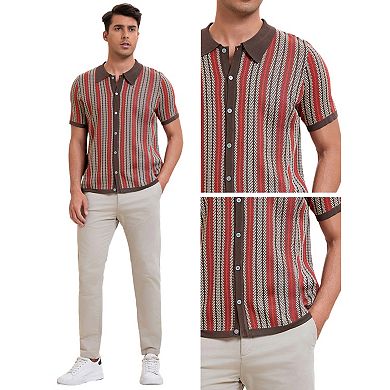Striped Knitted Polo for Men's Summer Short Sleeves Button Down Jacquard Polo Shirts