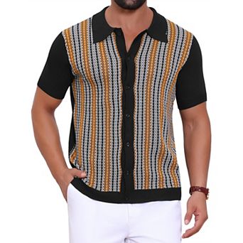 Striped Knitted Polo for Men's Summer Short Sleeves Button Down Jacquard Polo Shirts