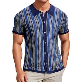 Striped Knitted Polo for Men's Summer Short Sleeves Button Down Jacquard Polo Shirts