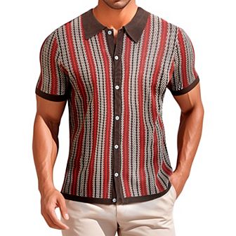 Striped Knitted Polo for Men's Summer Short Sleeves Button Down Jacquard Polo Shirts