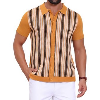 Striped Knitted Polo for Men's Summer Short Sleeves Button Down Jacquard Polo Shirts