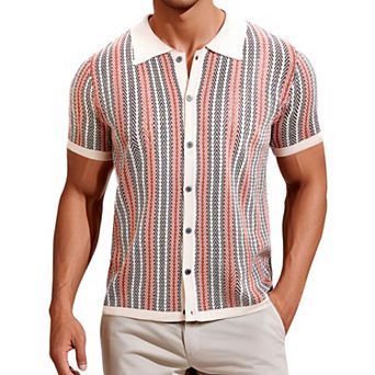 Striped Knitted Polo for Men's Summer Short Sleeves Button Down Jacquard Polo Shirts