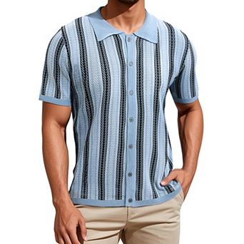 Striped Knitted Polo for Men's Summer Short Sleeves Button Down Jacquard Polo Shirts