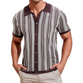 Striped Knitted Polo for Men's Summer Short Sleeves Button Down Jacquard Polo Shirts