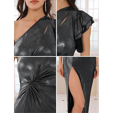 Women's Glitter Metallic Dresses Knot Slit Hem One Shoulder Cocktail Maxi Dress
