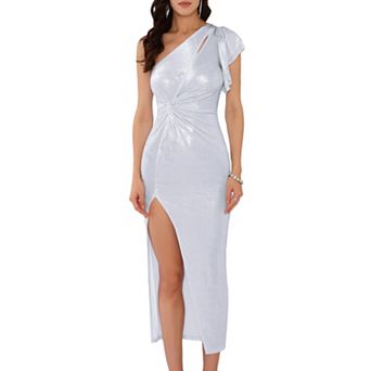 Women's Glitter Metallic Dresses Knot Slit Hem One Shoulder Cocktail Maxi Dress